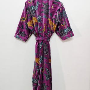 Yellow Velvet Kimono Robe: Floral Animal Print, Cotton Long Jacket Winter Coat image 12