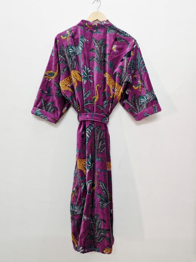 Yellow Velvet Kimono Robe: Floral Animal Print, Cotton Long Jacket Winter Coat image 12