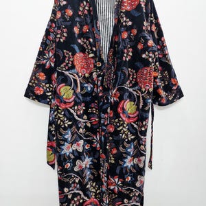Reversible Velvet Kimono Robe: Green Jungle Safari Print, Cotton Jacket Winter Wear Black Floral