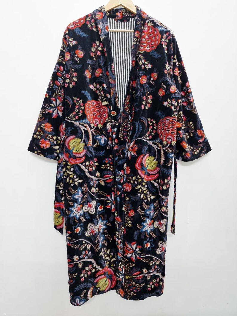 Reversible Velvet Kimono Robe: Green Jungle Safari Print, Cotton Jacket Winter Wear Black Floral