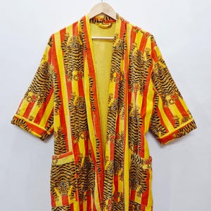 Reversible Velvet Kimono Robe: Green Jungle Safari Print, Cotton Jacket Winter Wear Yellow Striped Tiger