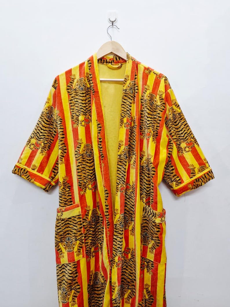 Reversible Velvet Kimono Robe: Green Jungle Safari Print, Cotton Jacket Winter Wear Yellow Striped Tiger
