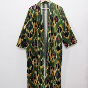 Reversible Velvet Kimono Robe: Green Jungle Safari Print, Cotton Jacket Winter Wear Green Ikat