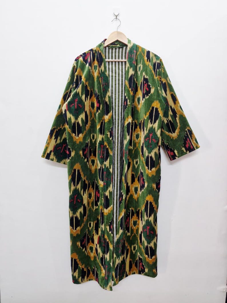 Reversible Velvet Kimono Robe: Green Jungle Safari Print, Cotton Jacket Winter Wear Green Ikat