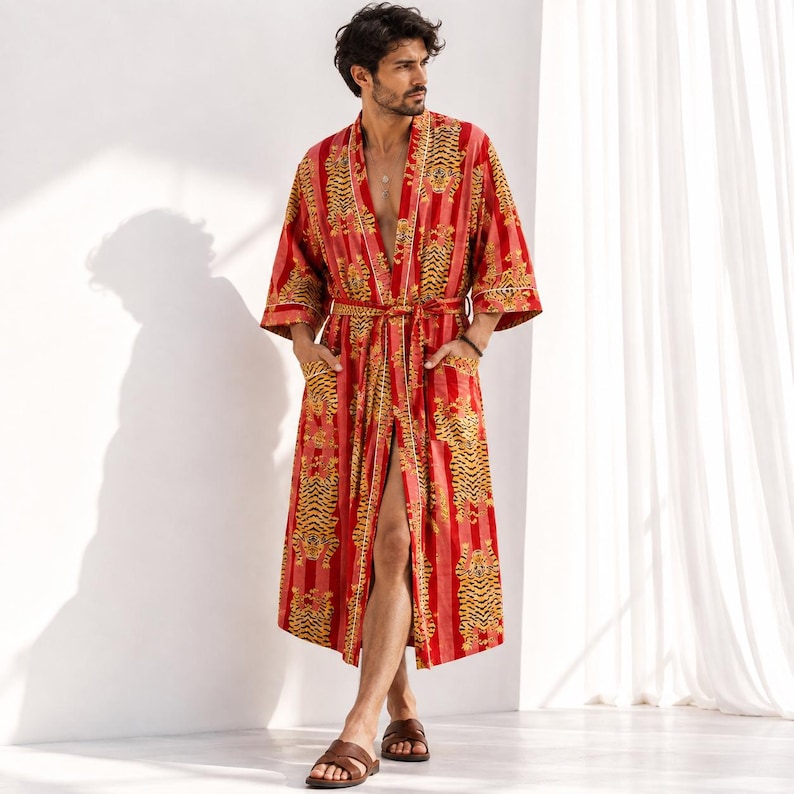 Green Men's Robe Pure Cotton Kimono Christmas Gift Autumn Wear Indian ...