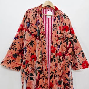 Reversible Velvet Kimono Robe: Green Jungle Safari Print, Cotton Jacket Winter Wear Peach Floral