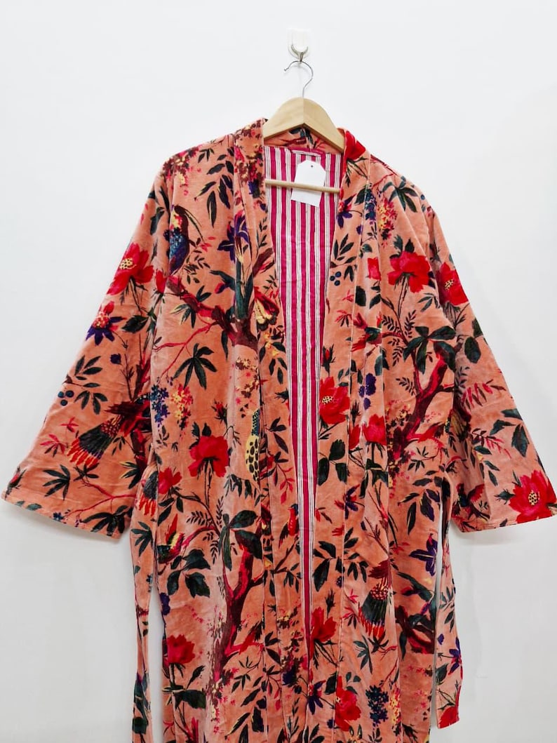 Reversible Velvet Kimono Robe: Green Jungle Safari Print, Cotton Jacket Winter Wear Peach Floral