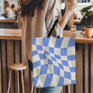 Blau und weiß karierte Tragetasche, Retro Tragetasche, verzogene karierte Tragetasche, Tragetasche, blau und weiß Tragetasche, adrette Tragetasche, süße Tragetasche