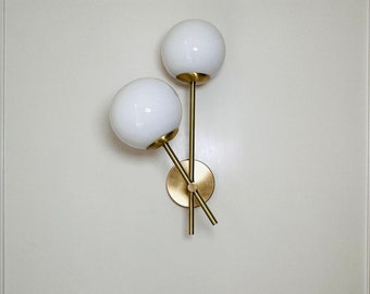 Handcrafted Brass Wall Sconce: Mid Century Modern 2-Light Fixture