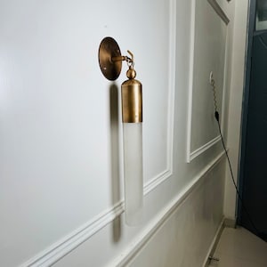 Handcrafted Brass Wall Sconce: Mid Century Modern Glass Tube Light