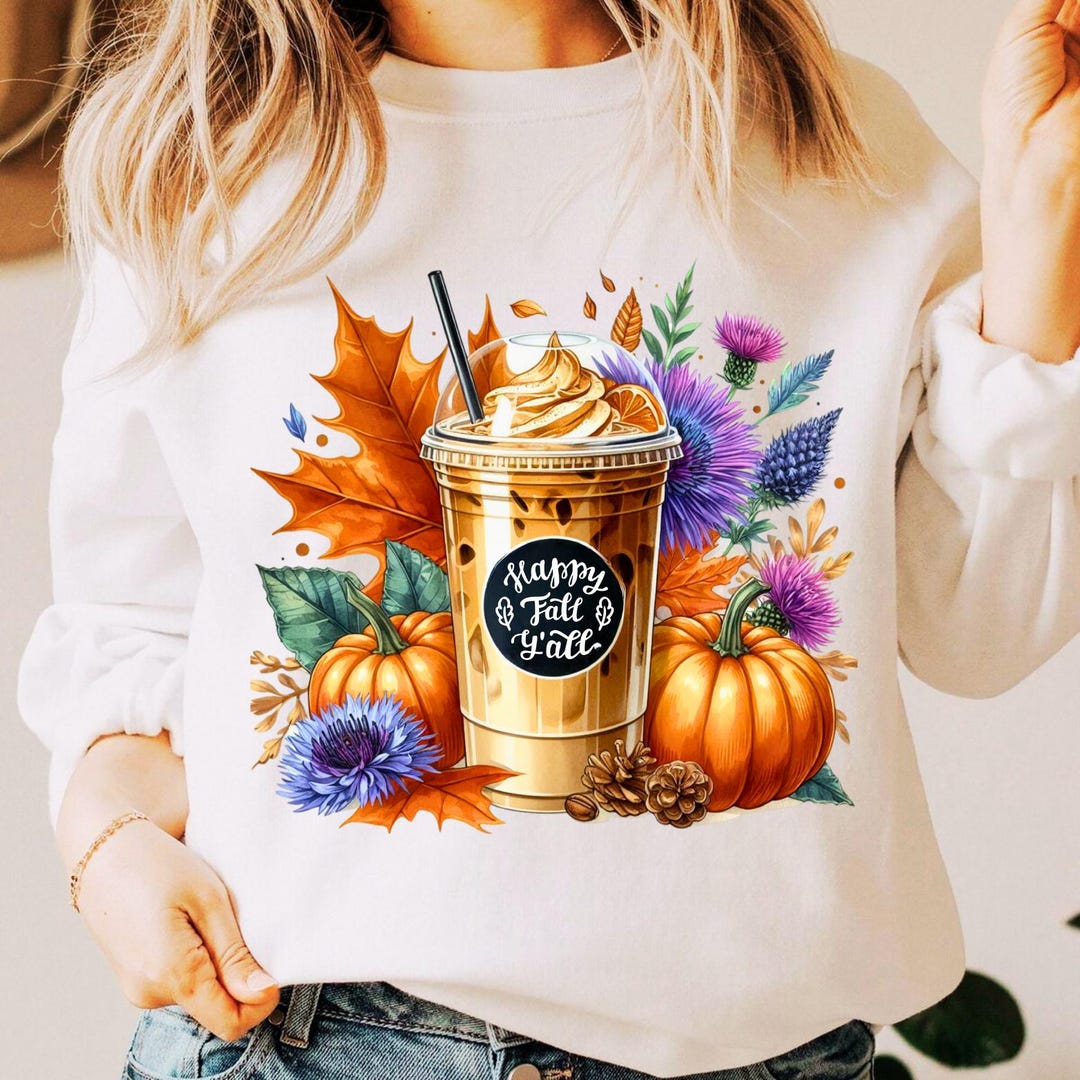 Fall Frappe Coffee & Floral Clipart: Autumn T-shirt Design (PNG Digital ...