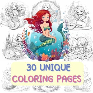 30 Mermaids coloring pages, printable pdf with size 8.5x11