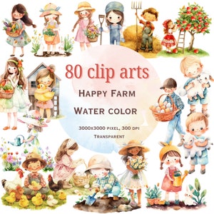 Adorable personnage agricole aquarelle représentant des cliparts, un garçon et une fille mignons cultivant l'agriculture, des oeuvres d'art pour chambre d'enfant