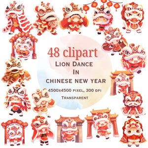 Chinese New Year Lion Dance Clipart: 48 Unique Designs (Digital Art)