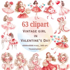 Vintage Valentine Girl Digital Clipart Set - Romantic Retro Valentine’s Day Illustrations - Printable Artwork for Crafts, Cards & Decor