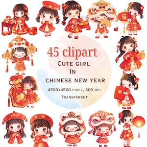Chinese New Year Clipart - 45 Einzigartige süße Mädchen, entzückende Mondneujahr Digital Download - Festliche Illustrationen für Bastelarbeiten und Projekte