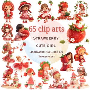 65 imágenes prediseñadas de lindas niñas con fresas / Adorables acciones con temática de fresas / Imágenes prediseñadas únicas y encantadoras para manualidades, álbumes de recortes y más