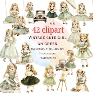 42 Vintage süße Mädchen in Grünen Kostümen, Clipart-Set, Retro digitaler Download für Scrapbooking, DIY Handwerk, Einladungen