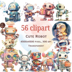 Könnte beinhalten: Eine Sammlung von 56 niedlichen Roboter-Clipart-Bildern. Die Roboter sind in verschiedenen Posen dargestellt, darunter Musik spielen, Geschenke halten und Kochmützen tragen. Das Bild enthält den Text "56 clipart", "Cute Robot" sowie Details zu Bildgröße und Auflösung.