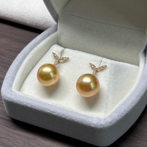 10mm South sea rich gold pearl High quality 18K solid gold setting natural diamonds stud earrings