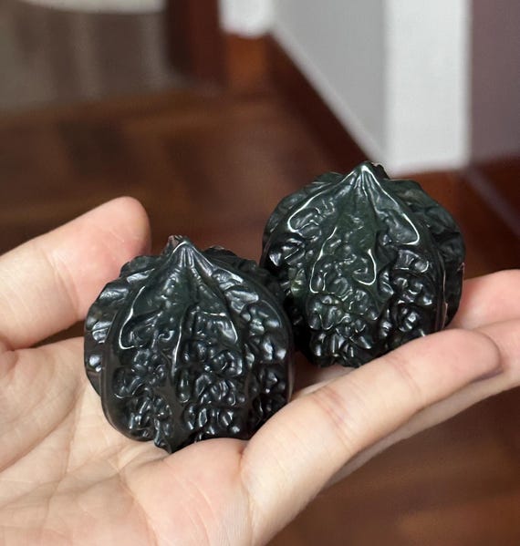 Jade Walnut Hand Massage Pieces Dark Green Nephrite 青玉仿真核桃手