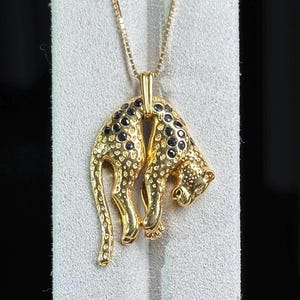 Panther pendant, 18k solid yellow gold hanging panther pendant, natural blue sapphire stones and diamond  , unique panther necklace, 1980s