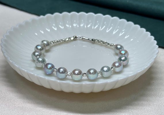 8mm Akoya Pearl Bracelet Natural Silver Blue Gift for Her - Etsy