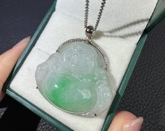 Translucent bright green type A Burmese jadeite 18 karat gold and diamonds laughing Buddha pendant necklace certified natural 5264