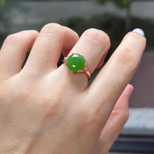 Premium quality Siberian Apple green fine jade cabochon adjustable ring rosegold plated with certificate 1181