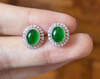 Imperial Green glass variety jadeite Type A jade cabochon stud earrings in 18K solid white gold with natural diamonds certified natural 7942