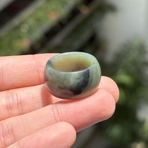 Bicolor Qing Hua black ink Jade Ring band US7 certified natural SJ 2861
