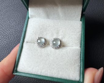 High quality Type A Burmese Jade Icy jadeite cabochon stud earrings Sterling silver with rhinestone certified natural 0112