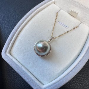 Rare Find avocado green 13.7mm Tahitian round Pearl pendant setting18K solid yellow gold with diamonds with certificate