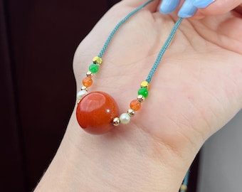 Zeldzame 16 mm Persimmon Red Nanhong Agaat Hanger Ketting | Waxi Materiaal | Volledig Vleeskleurig | Natuurlijke Textuur | Verstelbaar Koord | gecertificeerd 3112 柿子红