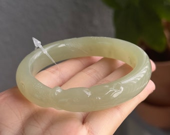 58.2mm HeTian Icy light green jade bangle carving fox certified natural #0217 Promo