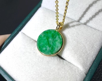 Bright Forest Type A Burmese jadeite vivid green round pendant setting 18K solid yellow gold certified natural 6520