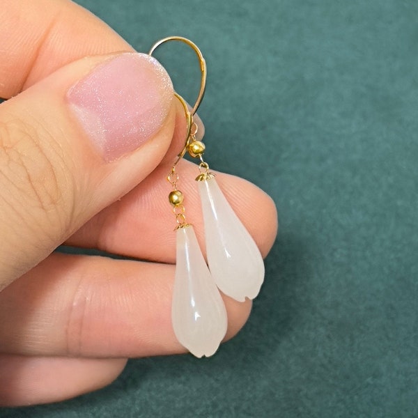HeTian icy white jade carving magnolia dangling hoop earrings certified natural