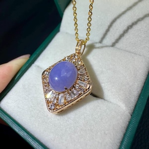 Translucent lavender Type A  Burmese jadeite cabochon in 18K solid rose gold setting natural diamonds pendant certified natural 6737
