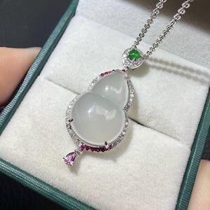 Burmese Jadeite Hulu Pendant: 18K White Gold, Diamond Accent
