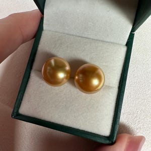 Promo 12.7mm South sea rich gold pearl in 18K solid yellow gold stud earrings