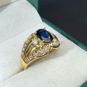 ステートメントリング 1カラット サファイア 18K イエローゴールド 天然ダイヤモンド認定 US6