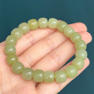 10mm Hetian Qiemo greenish yellow nephrite barrel bead bracelet certified natural 且末料青黄口#1061