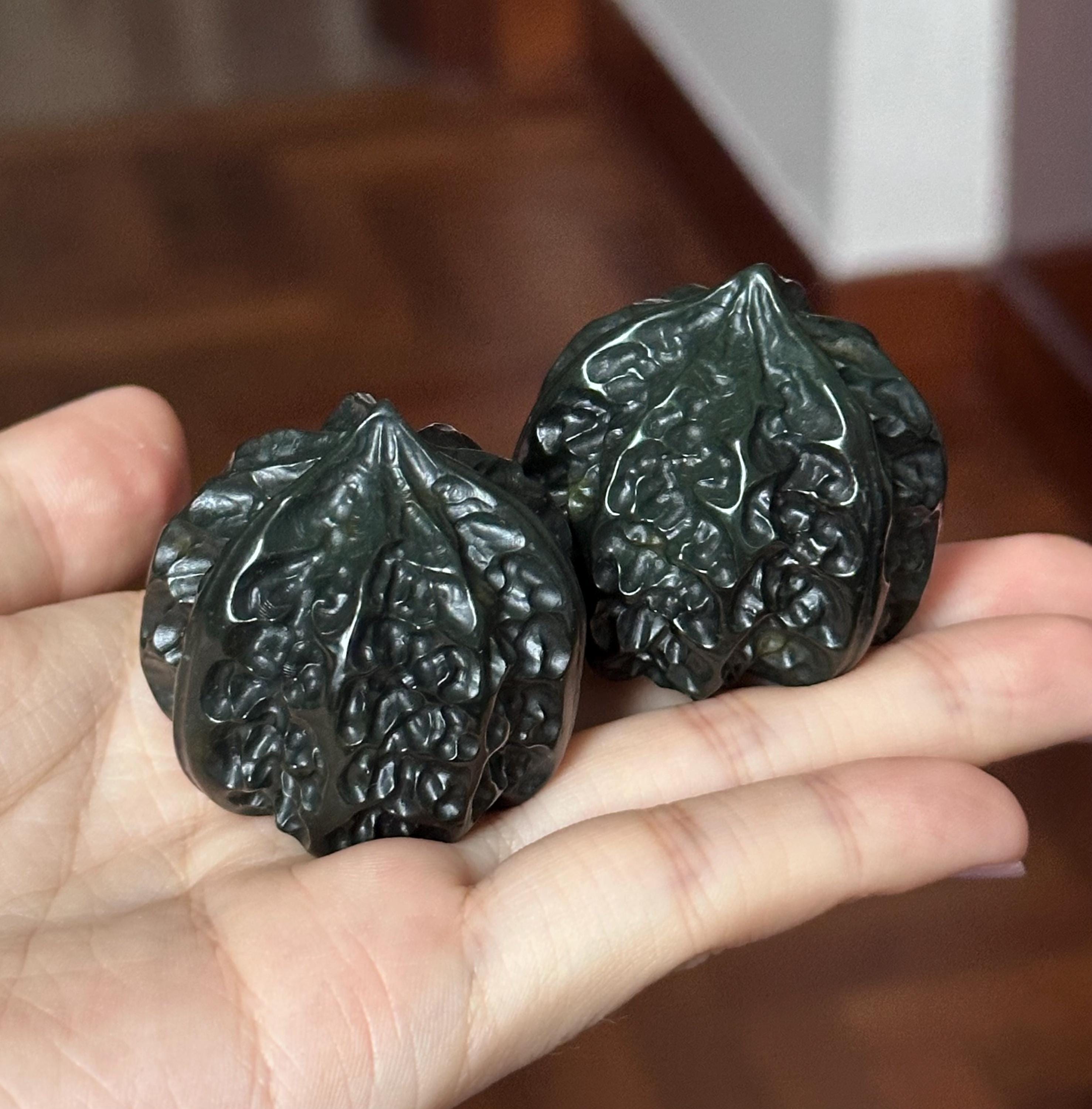 Jade Walnut Hand Massage Pieces Dark Green Nephrite 青玉仿真核桃手