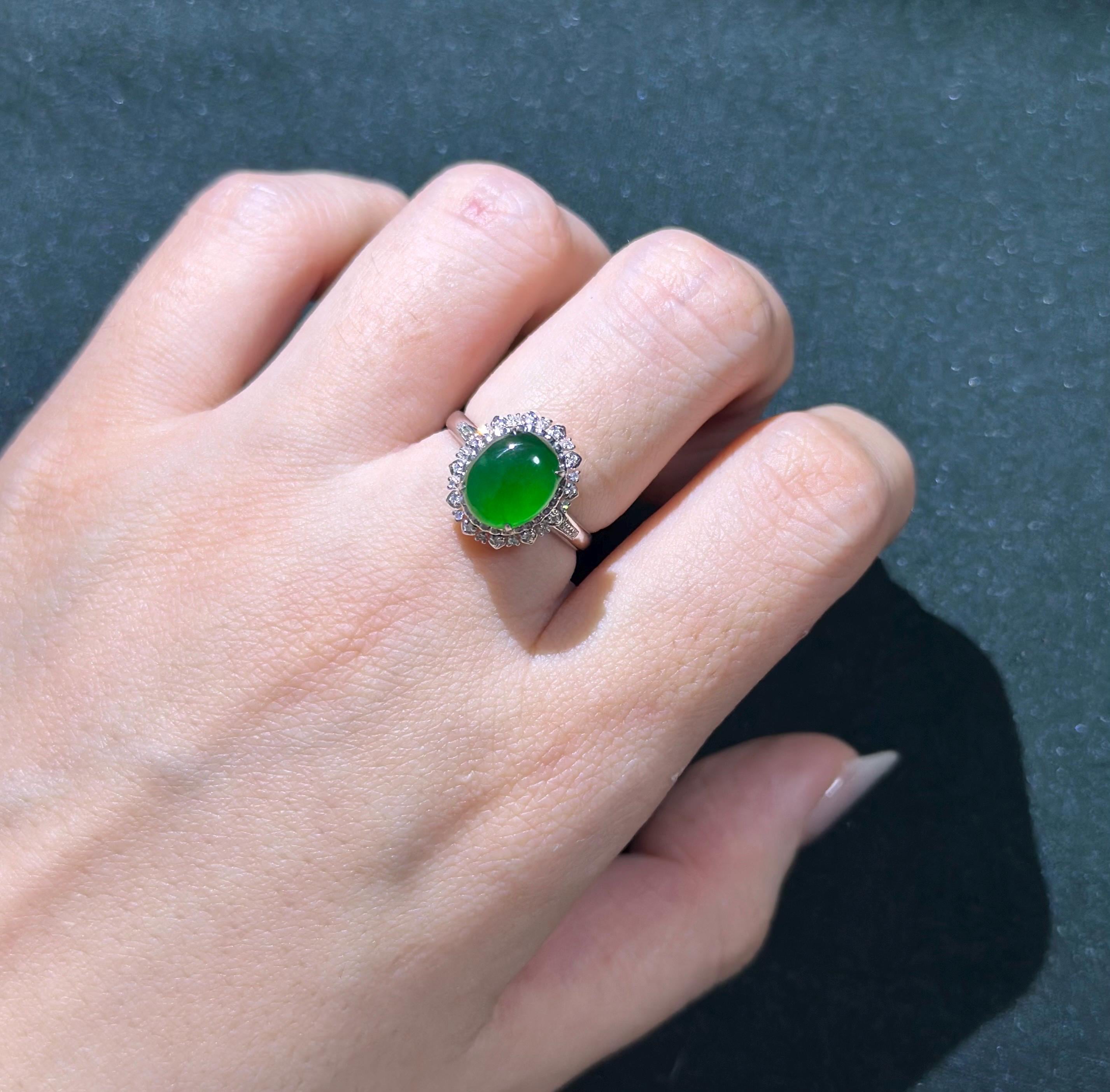 帝王绿（インペリアルグリーン）A型半透明翡翠カボションリング、18K