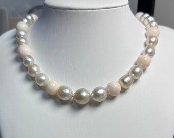 10-13mm Australian white pearl South sea  pearl almost  round brilliant luster with white coral necklace