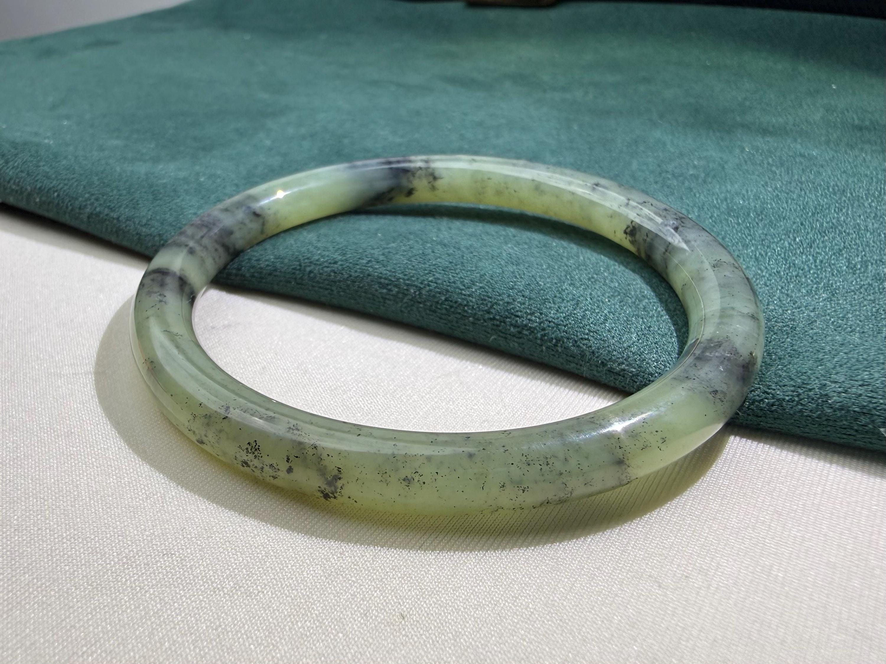 57mm Mountain Qing Hua Green Nephrite Chinese Jade Slim Bangle