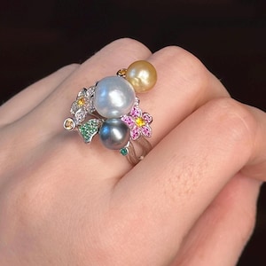 Bague tendance multi-perles des mers du Sud et de Tahiti, réglable en argent sterling avec strass