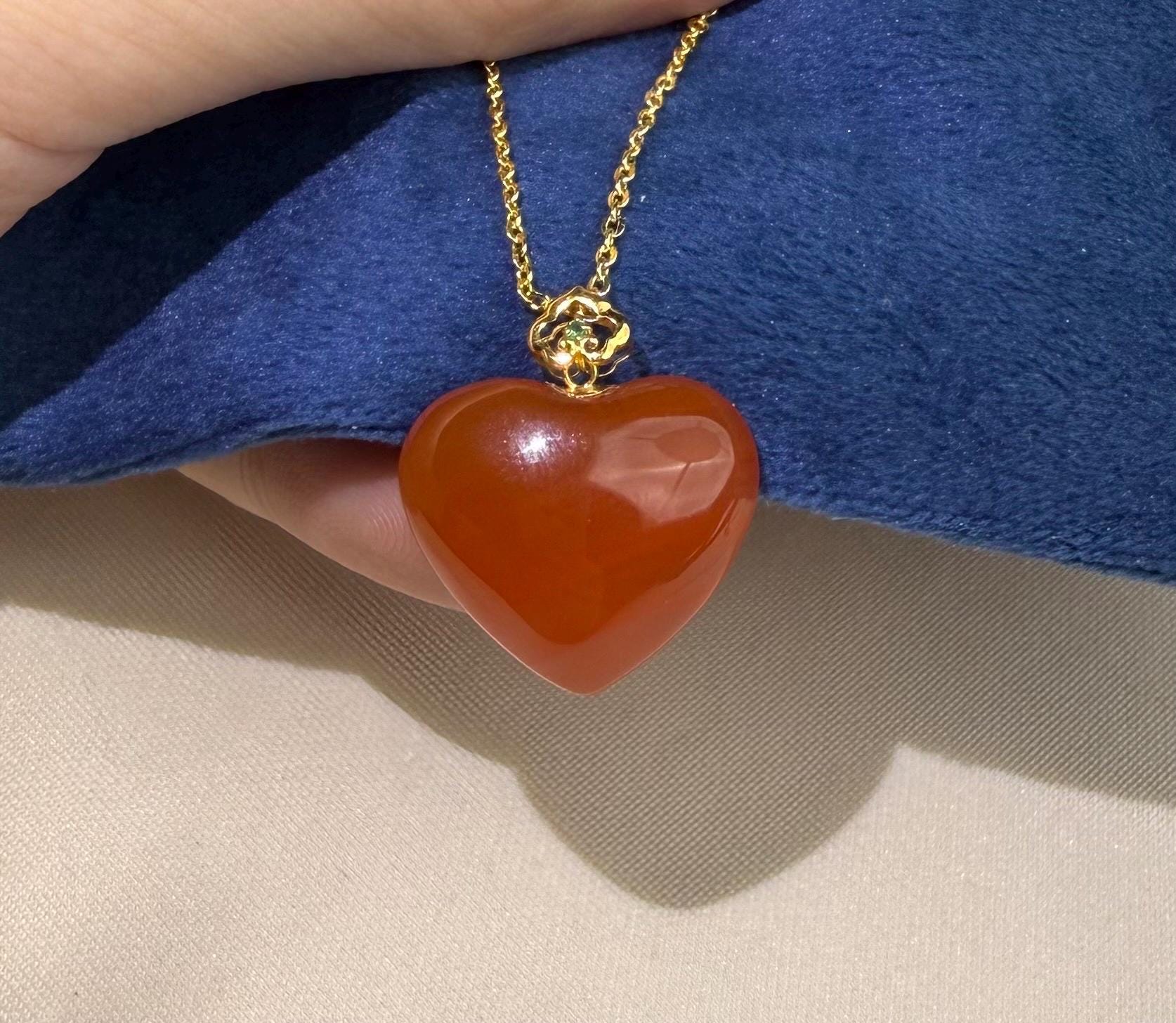 Natural Nanhong Agate Heart Pendant 18K Gold Red Agate Necklace