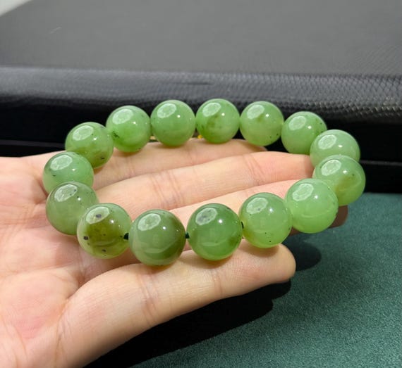 Apple Green Sugar Jade Bracelet, Certified Natural 13mm Round Bead 5066