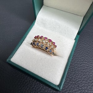 Tricolor Gemstone Ruby Sapphire setting 18K solid yellow gold with natural diamonds ring US6.5